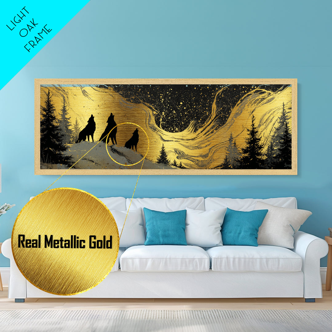 Nordic Wolves Under Stars Metallic Gold Art Metal Art, Viking Mythology Night Sky Office Decor, framed in solid wood