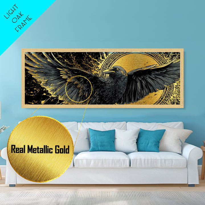Odin’s Raven Huginn Muninn Metallic Gold Art Metal Art, Norse Mythology Office Art for Men, framed in authentic wood