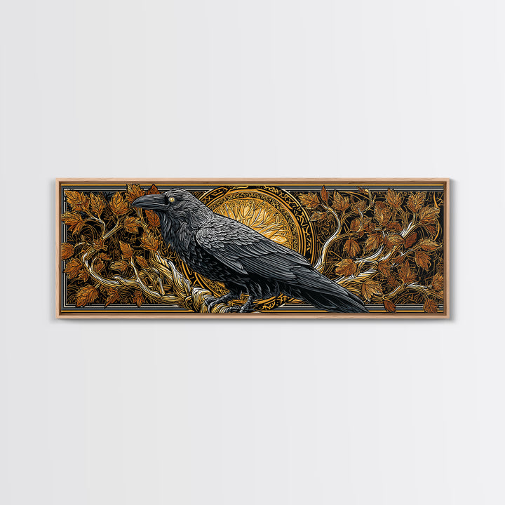 Canvas Gold Art Norse Raven Muninn Canvas Art, Viking Wall Decor framed in real wood, Nordic Mythology Office Art, Gift for Men
