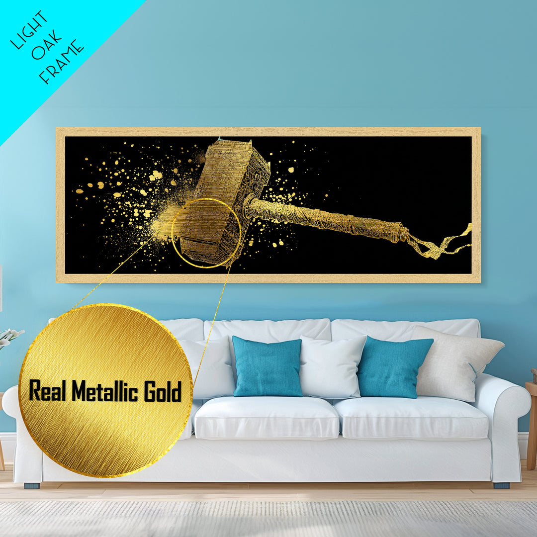 Thor’s Hammer Mjolnir Metallic Gold Art, Norse Mythology Metal Art with real wood frame, Viking Office Wall Decor, Unique Dad Gift