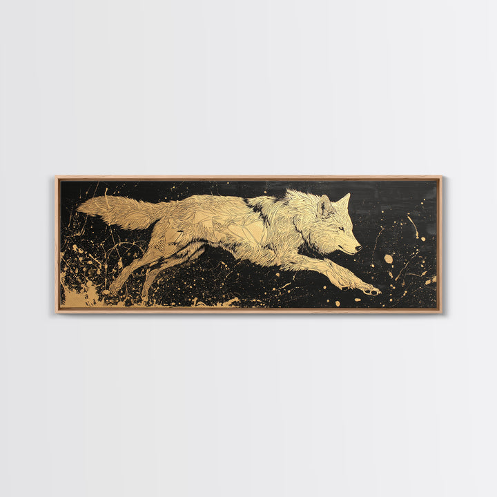 Fenrir Wolf Canvas Gold Art, Norse Mythology Canvas Art framed in natural wood, Viking Man Cave Decor, Nordic Wall Art Dad Gift