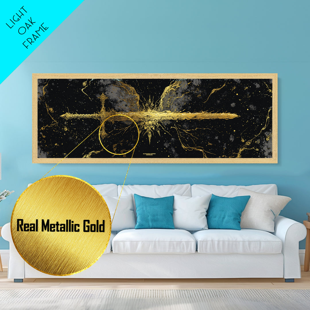 Golden Sword Metallic Gold Art, Norse Mythology Metal Art framed in real wood, Viking Office Wall Decor, Nordic Man Cave Gift