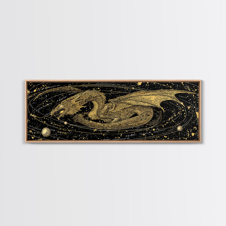 Jormungandr Dragon Canvas Gold Art, Norse Mythology Canvas Art with natural wood frame, Viking Decor for Office, Dad Gift Man Cave