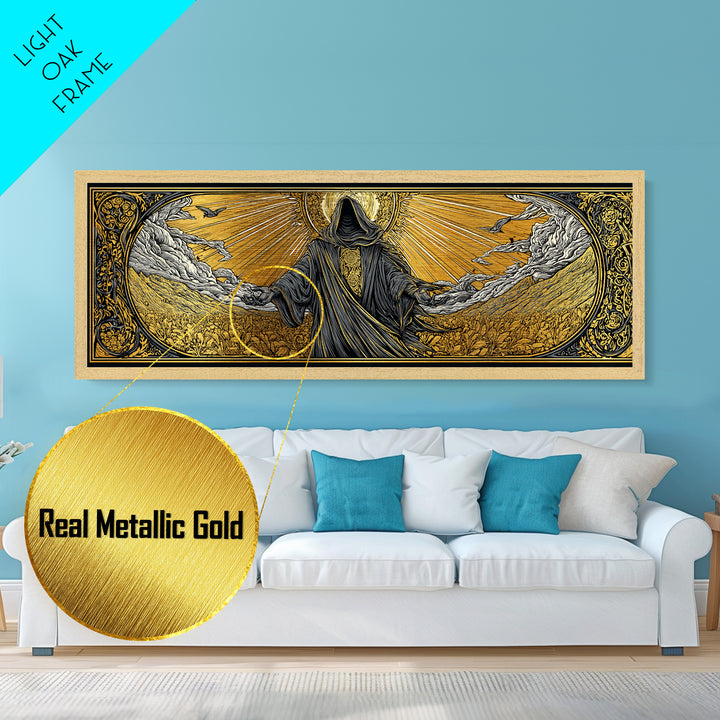 Norse God Baldur Metallic Gold Art Metal Art, Nordic Mythology Office Decor Man Cave Wall Art, with real wood frame
