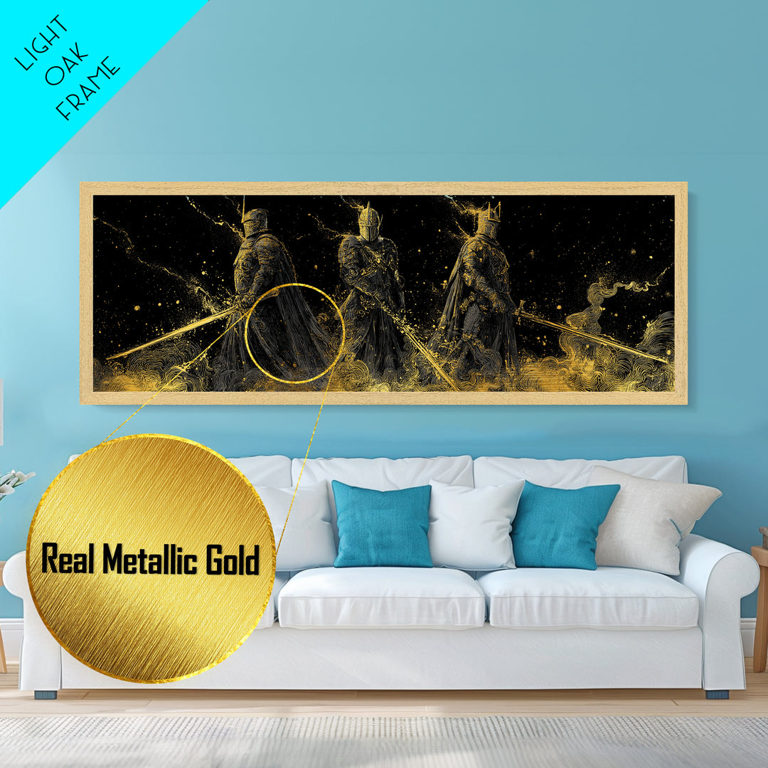 Einherjar Warriors Viking Metallic Gold Art Metal Art, Norse Mythology Office Art Dad Gift, framed in natural wood