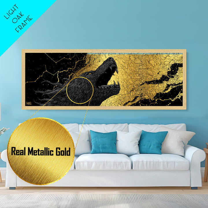 Fenrir Bound Norse Wolf Metallic Gold Art Metal Art, Nordic Mythology Office Decor for Men, framed in natural wood
