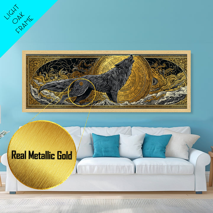 Fenrir Wolf of Ragnarok Metallic Gold Art Metal Art, Norse Mythology Office Decor Man Cave Wall Art, with real wood frame