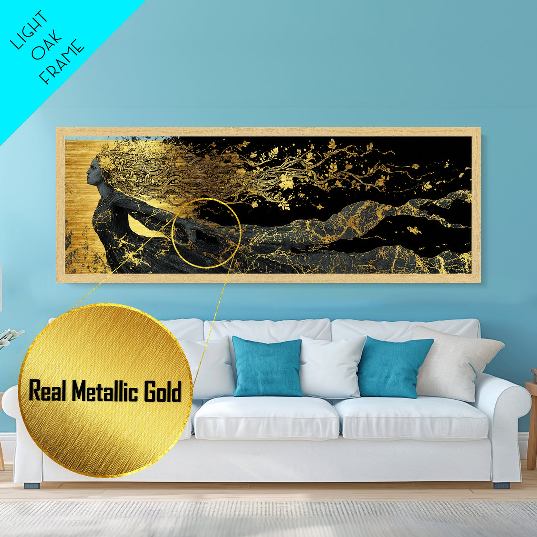 Norse Goddess Freyja Metallic Gold Art Metal Art, Viking Mythology Office Art Man Cave Decor, in handcrafted wood frame