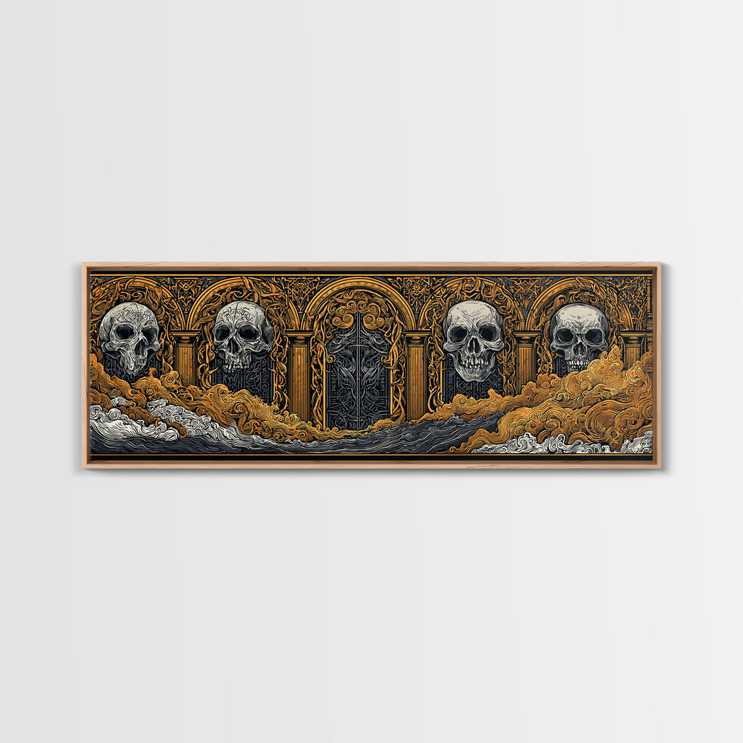 Helheim Canvas Gold Art, Norse Mythology Canvas Art with Nordic Skulls, Office Wall Decor for Men, Framed in Real Wood