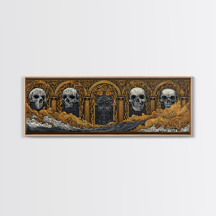Helheim Canvas Gold Art, Norse Mythology Canvas Art with Nordic Skulls, Office Wall Decor for Men, Framed in Real Wood