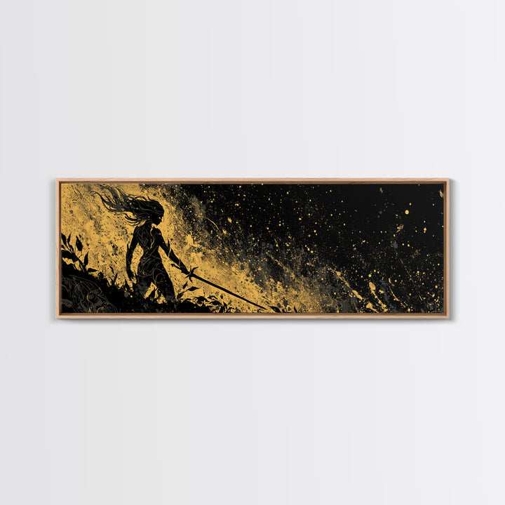 Norse Shieldmaiden Hervor Canvas Art, Canvas Gold Art for Man Cave or Office, Viking Mythology Wall Decor, Real Wood Frame