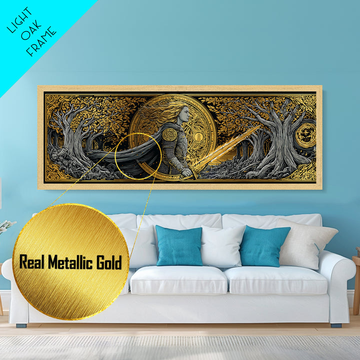 Hervor Nordic Warrior Goddess Metallic Gold Art, Mythology Inspired Metal Art, Dad Gift or Office Art, Framed in Natural Wood