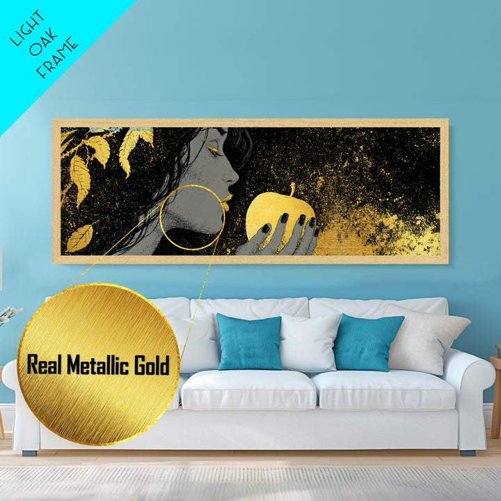 Norse Goddess Idunn Metallic Gold Art with Apple of Youth, Nordic Mythology Metal Art, Office or Man Cave Gift, Framed in Wood