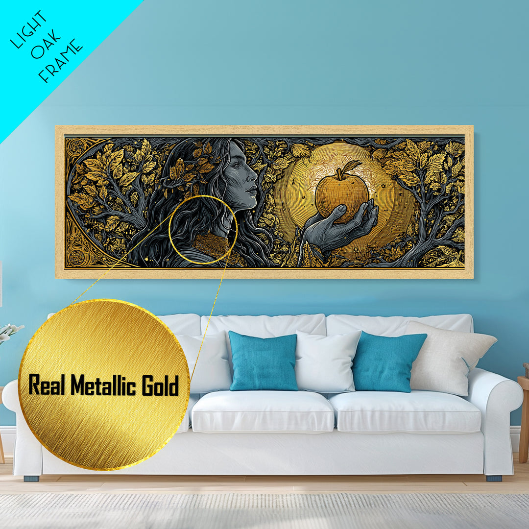 Idunn with Golden Apple Metallic Gold Art, Norse Mythology Goddess Metal Art, Nordic Office Wall Decor, Real Wood Frame