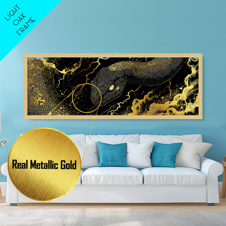 Jormungandr Serpent Metallic Gold Art, Norse Mythology Metal Art, Viking Decor for Men’s Office or Man Cave, Real Wood Frame