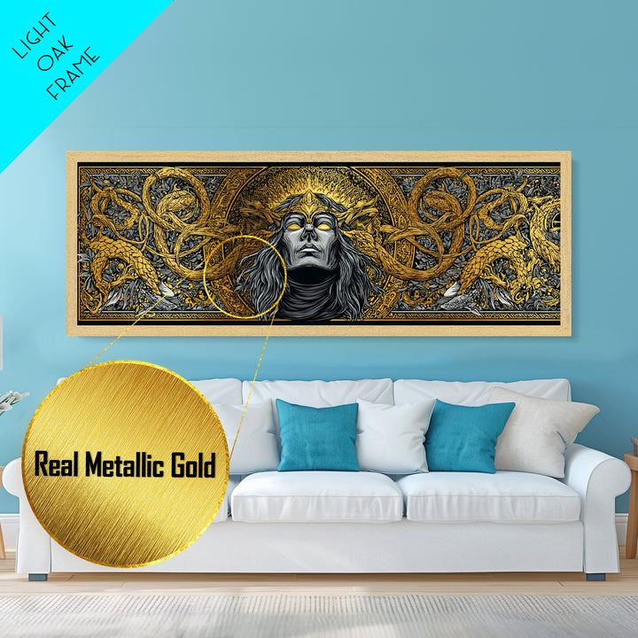 Norse Trickster Loki Metal Art, Metallic Gold Art for Viking Lovers, Nordic Mythology Office or Dad Gift, Framed in Natural Wood