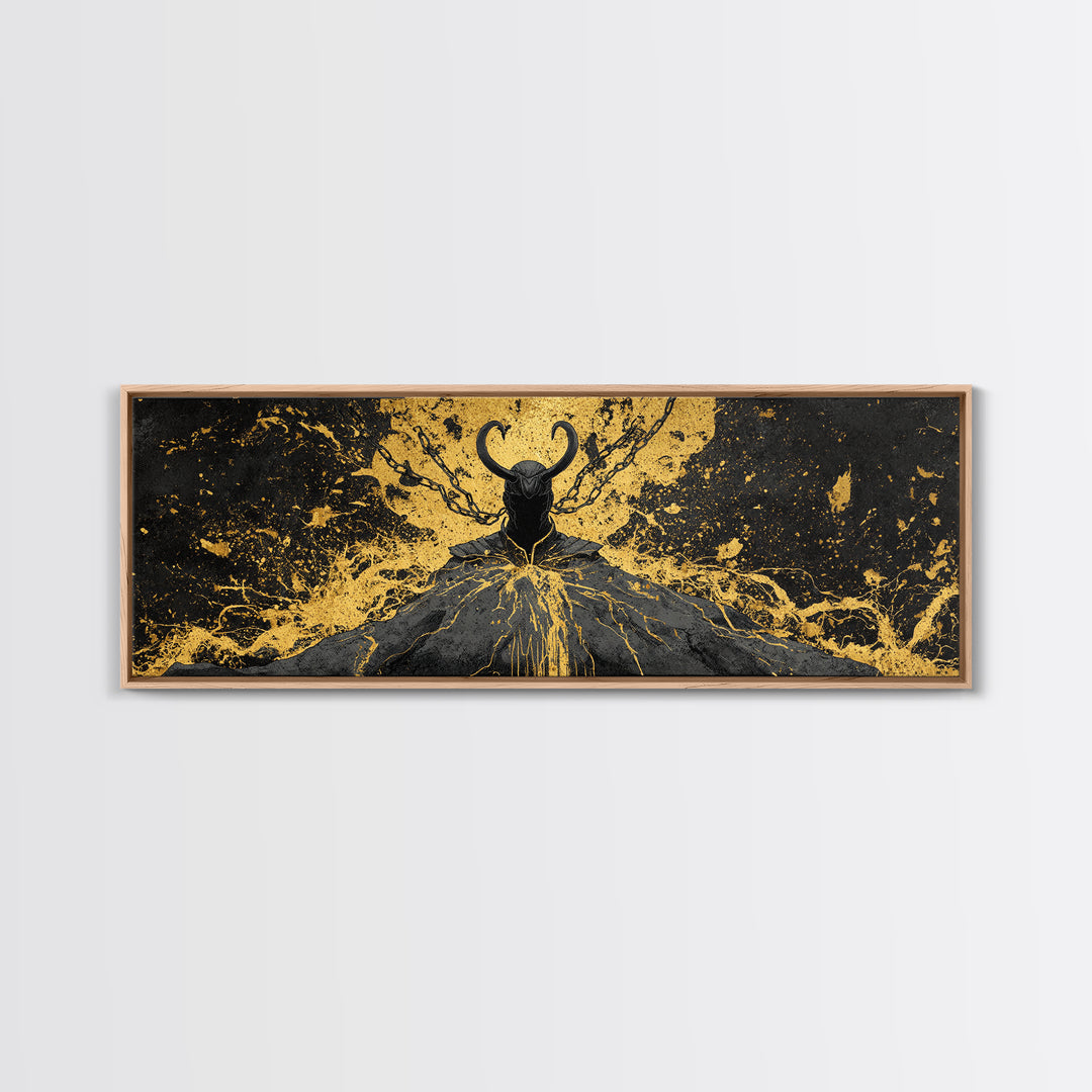 Loki God of Mischief Canvas Gold Art, Norse Mythology Canvas Art, Nordic Wall Decor for Man Cave or Office, Real Wood Frame