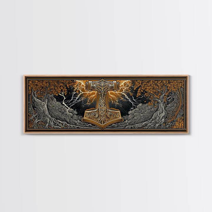 Mjolnir Canvas Gold Art Canvas Art – Thor’s Hammer Norse Mythology Wall Decor for Office or Man Cave, framed in real wood