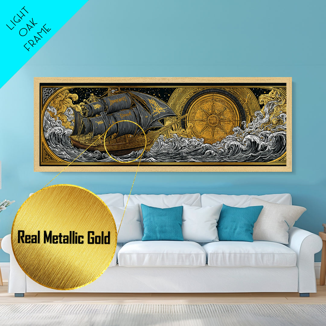 Nordic Naglfar Metallic Gold Art Metal Art – Viking Ship at Sea, Norse Mythology Wall Decor Dad Gift, framed in genuine wood