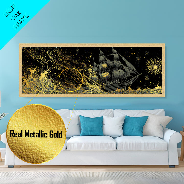 Naglfar Ship Metal Art Metallic Gold Art – Viking Longship Norse Mythology Office Decor Man Cave Wall Hanging, real wood frame