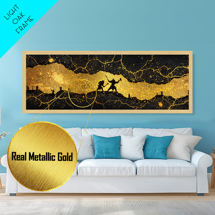 Nidavellir Dwarven Forge Metallic Gold Art Metal Art – Norse Mythology Nordic Decor, Office Wall Hanging, real wood frame included