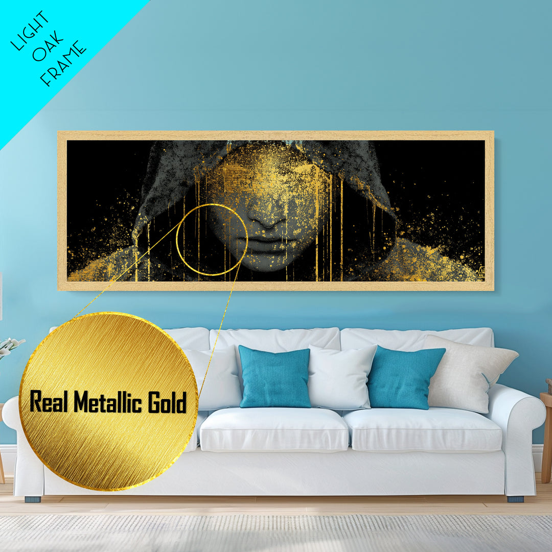 Norse Crown Metallic Gold Art Metal Art – Nordic Royalty Symbol Mythology Wall Hanging for Office or Man Cave, framed with real wood