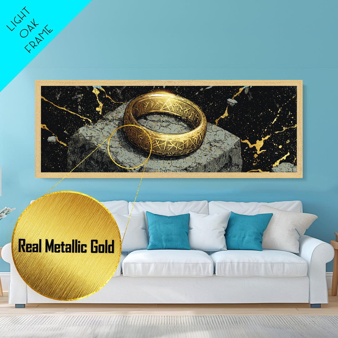Norse Ring Metallic Gold Art Metal Art – Nordic Mythology Jewelry Symbol, Viking Inspired Wall Decor Office Gift, natural wood frame