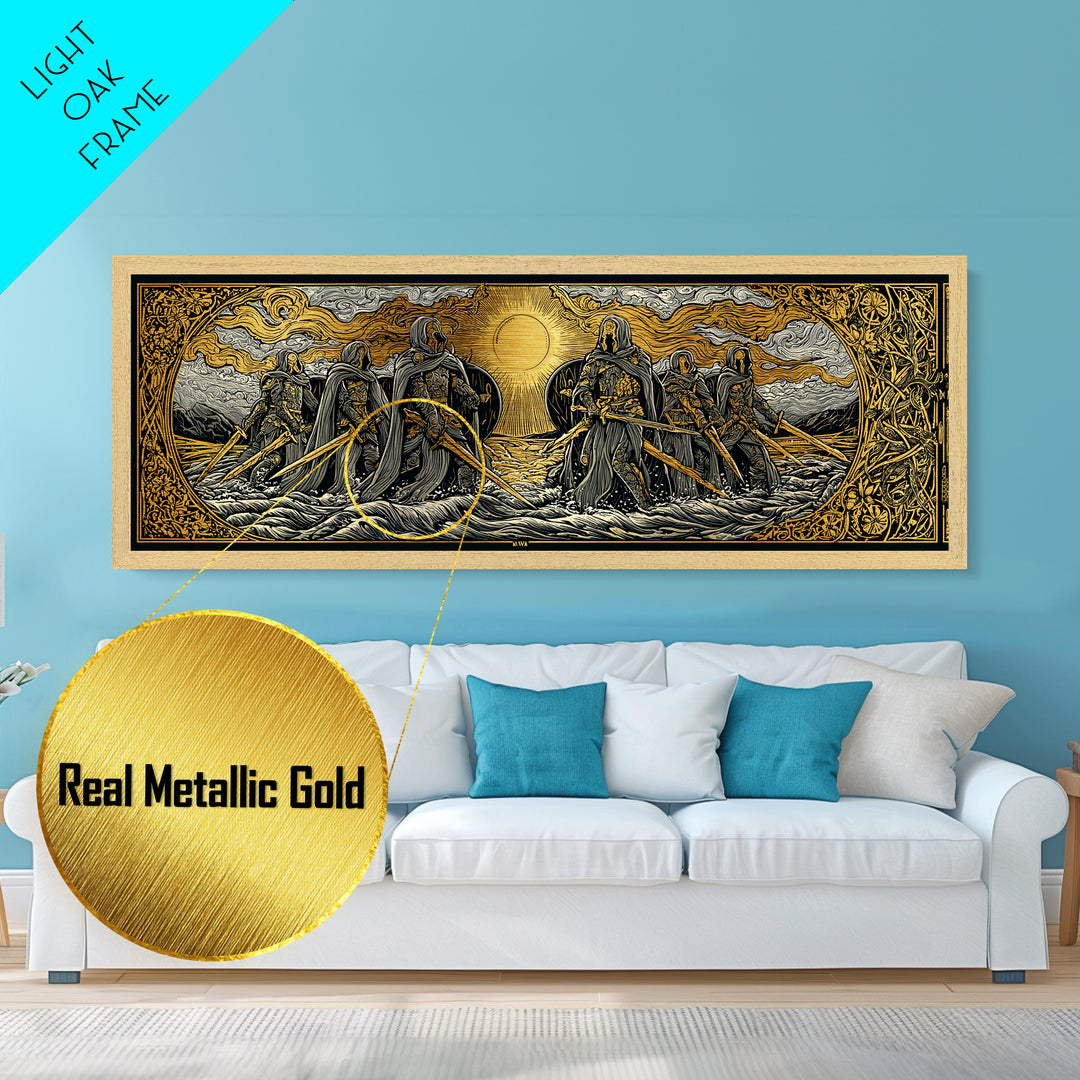 Norse Warriors Metallic Gold Art Metal Art | Viking Battle Scene Wall Decor framed in natural wood | Man Cave or Office Gift