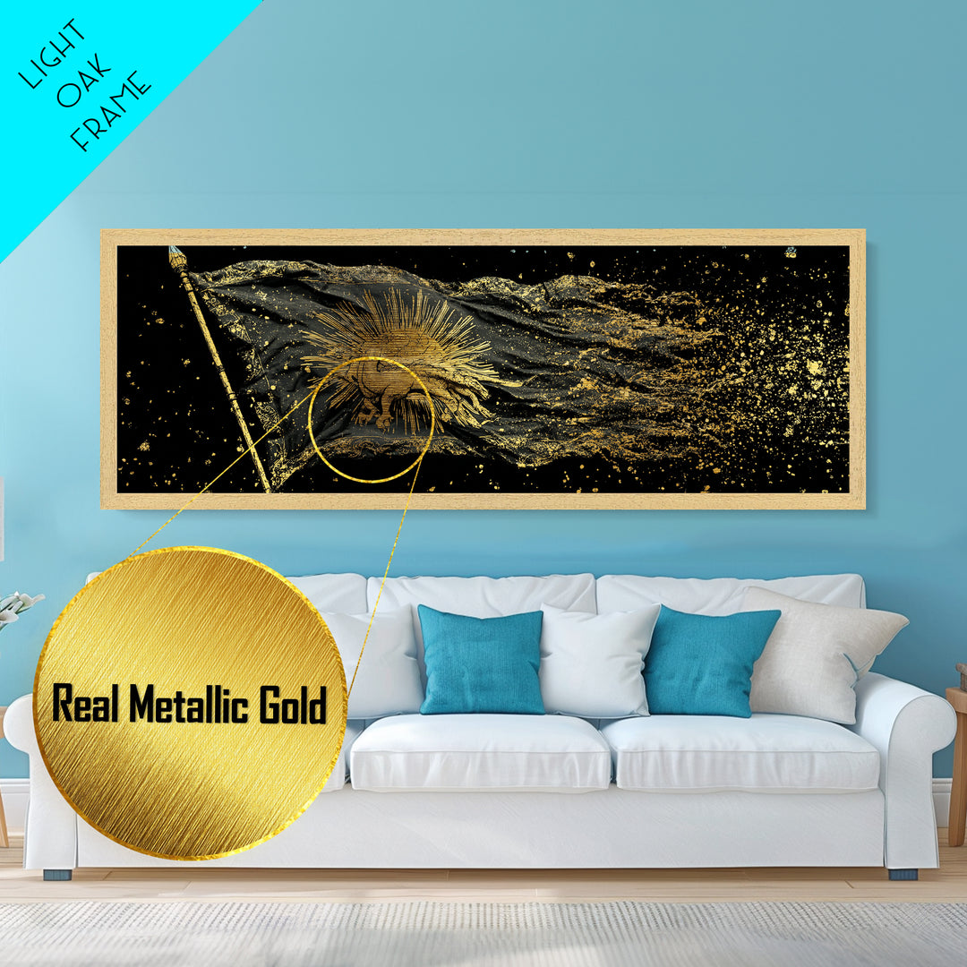 Nordic Battle Scene Metallic Gold Art Metal Art – Norse Mythology Warrior Office Wall Decor Dad Gift, handcrafted real wood frame