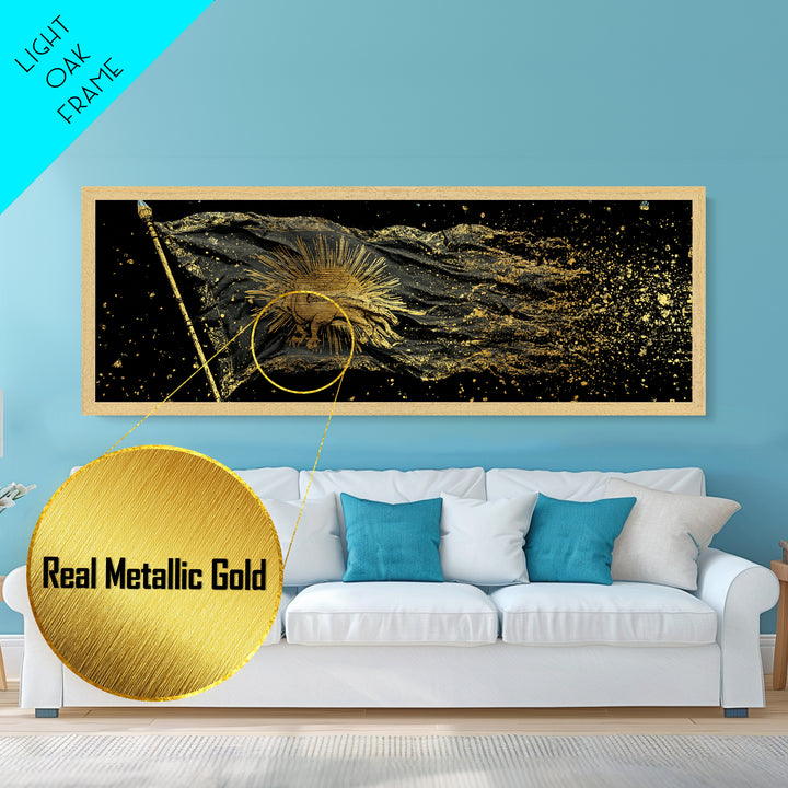 Nordic Battle Scene Metallic Gold Art Metal Art – Norse Mythology Warrior Office Wall Decor Dad Gift, handcrafted real wood frame