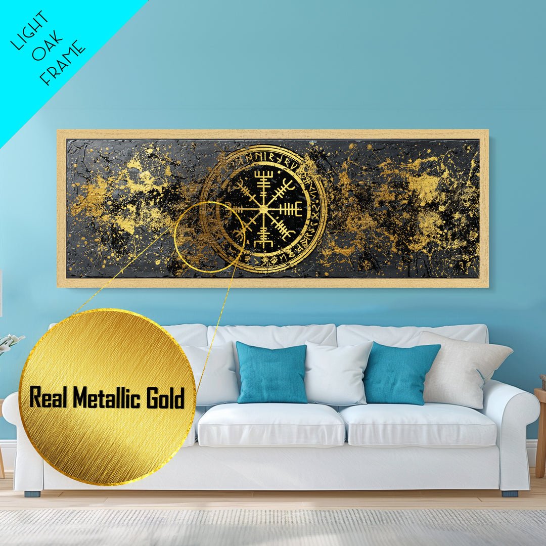 Norse Mythology Metallic Gold Art Metal Art – Viking Warrior Silhouettes Battle Wall Decor, Man Cave Office Gift, framed in wood