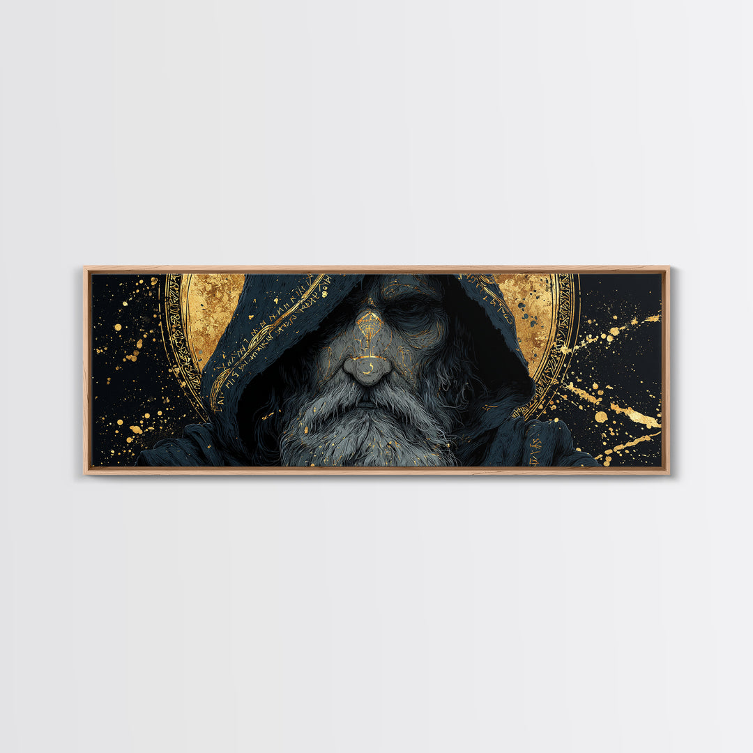 Canvas Gold Art of Odin Canvas Art | Viking God Wall Hanging framed in natural wood | Nordic Decor Gift for Men or Fathers