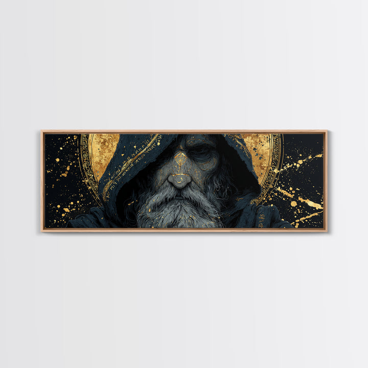 Canvas Gold Art of Odin Canvas Art | Viking God Wall Hanging framed in natural wood | Nordic Decor Gift for Men or Fathers