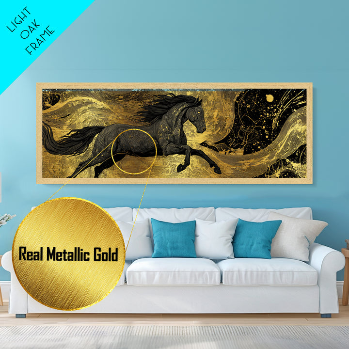 Metallic Gold Art Sköll and Hati Wolves Metal Art | Norse Moon Chasing Myth Wall Art with natural wood frame | Dad Gift Office