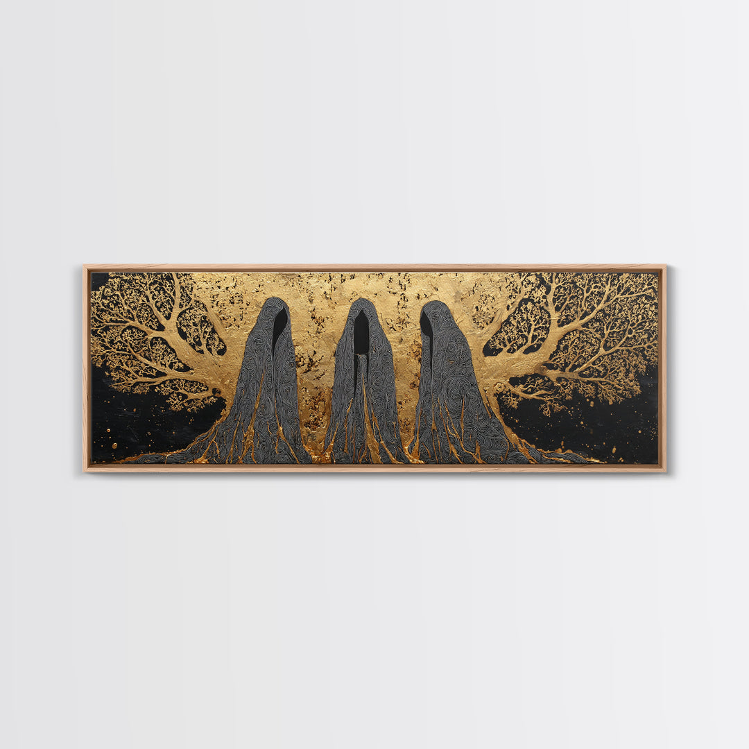 Nordic Norns Destiny Goddesses Canvas Gold Art Canvas Art for Viking Office Decor or Dad Gift, with authentic real wood frame