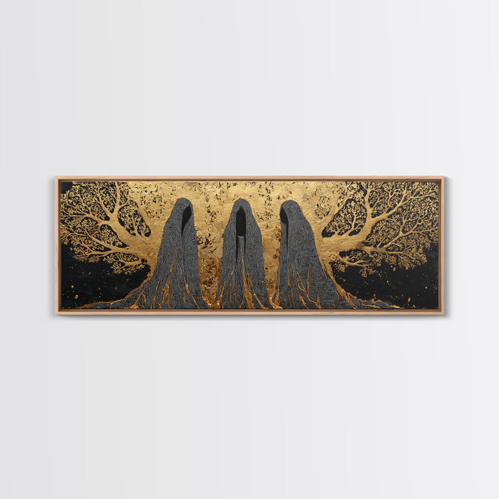Nordic Norns Destiny Goddesses Canvas Gold Art Canvas Art for Viking Office Decor or Dad Gift, with authentic real wood frame