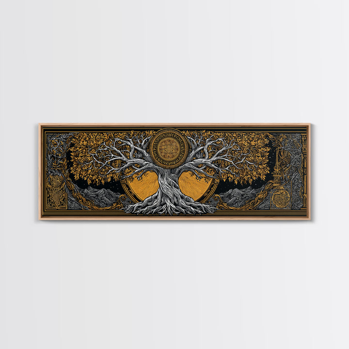 Yggdrasil Cosmic World Tree Canvas Gold Art Canvas Art Norse Decor for Man Cave or Dad Gift, with rustic real wood framing