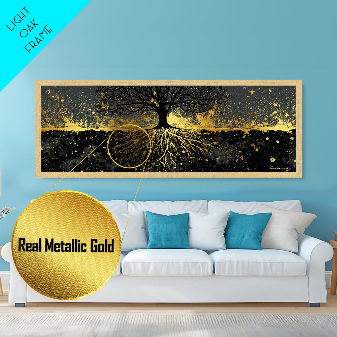 Nordic Tree of Life Yggdrasil Metallic Gold Art Metal Art Norse Mythology Wall Decor, handcrafted in a premium real wood frame