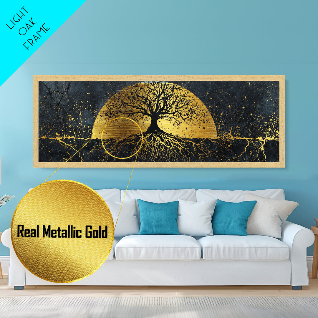 The World Tree Norse Yggdrasil Metallic Gold Art Metal Art Cosmic Wall Decor for Office or Man Cave, framed in natural wood