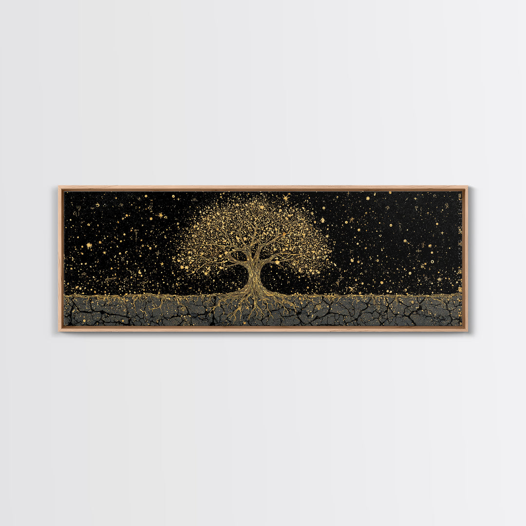 The World Tree Yggdrasil Canvas Gold Art Canvas Art Norse Mythology Wall Decor for Men’s Office, framed in solid natural wood