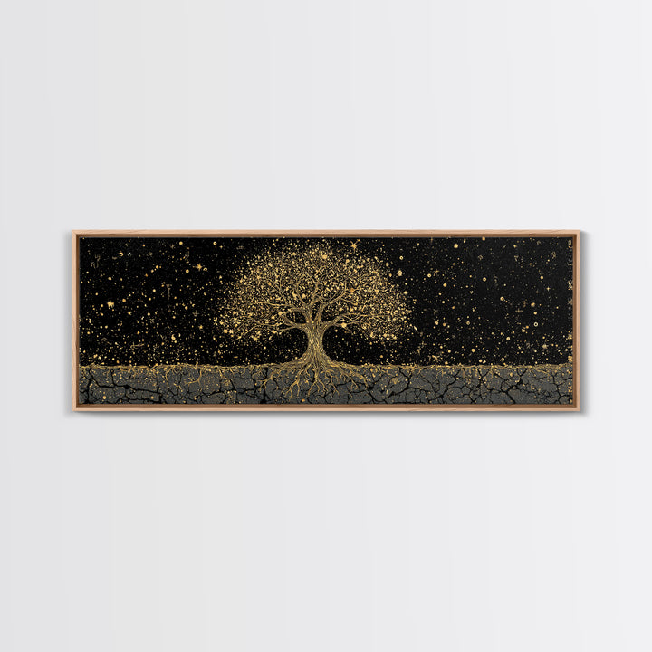 The World Tree Yggdrasil Canvas Gold Art Canvas Art Norse Mythology Wall Decor for Men’s Office, framed in solid natural wood