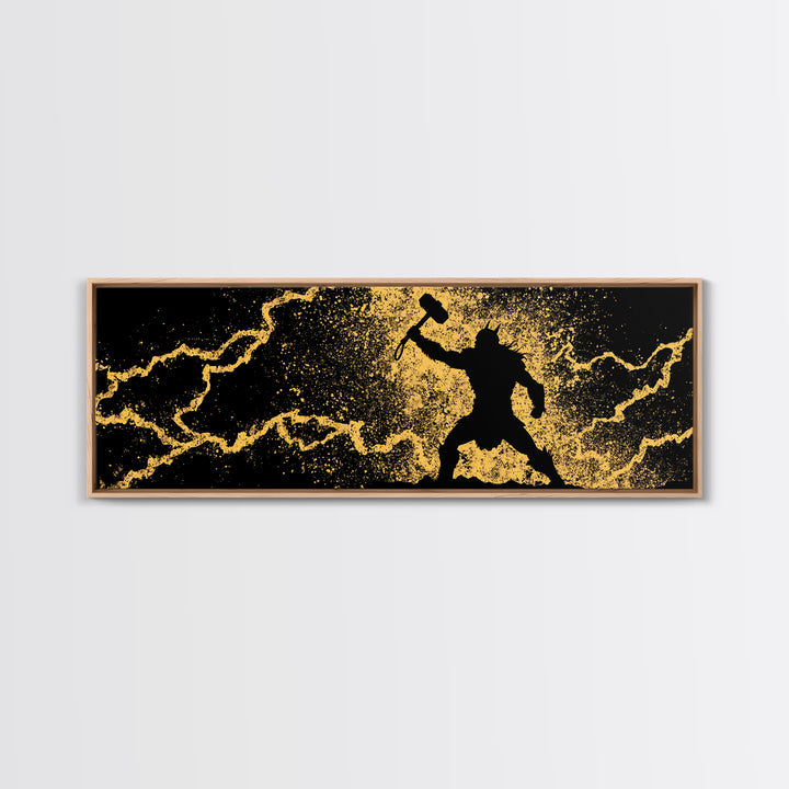 Nordic Thor with Mjolnir Canvas Gold Art Canvas Art Norse Mythology Wall Decor for Men’s Office, set in a real wood frame