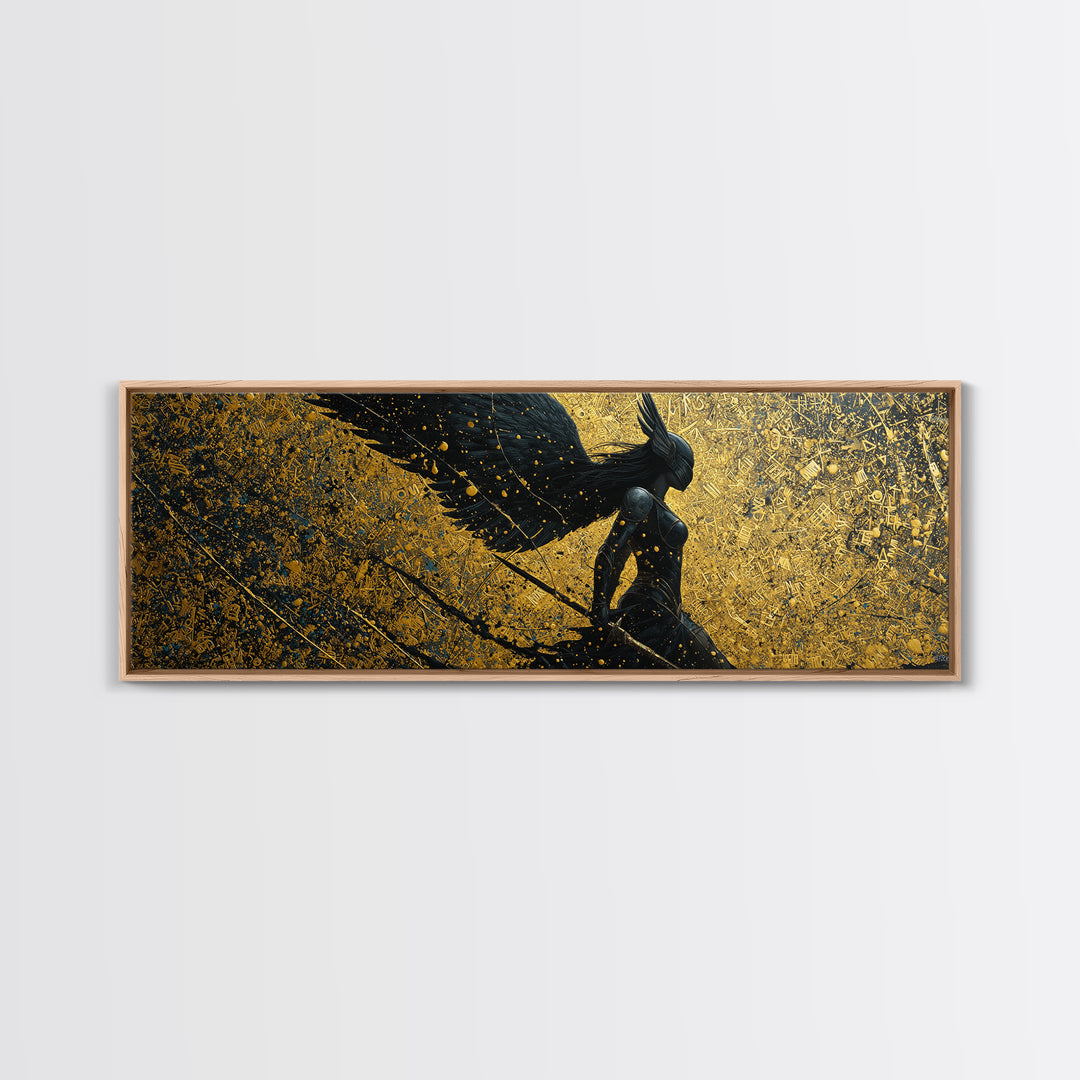 Valkyrie Warrior Canvas Gold Art Nordic Mythology Canvas Art, Office Wall Decor framed in natural wood, Viking Dad Gift