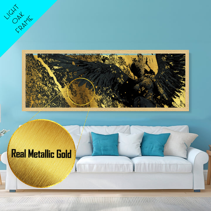 Nordic Valkyrie Metallic Gold Art Metal Art with Mythology Design, Man Cave Wall Decor in real wood frame, Norse Office Gift