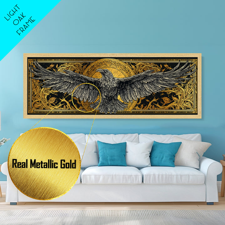Mythical Valkyrie Helmet Metallic Gold Art Nordic Metal Art, Norse Wall Hanging for Office or Man Cave framed in real wood