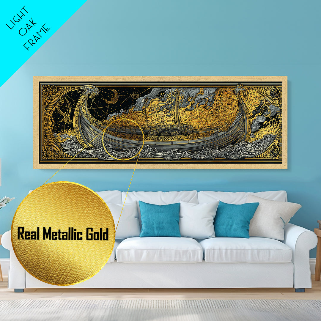 Norse Viking Longship Metallic Gold Art Metal Art, Mythology Office Wall Decor with real wood frame, Unique Gift for Men