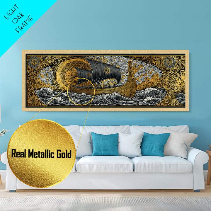 Nordic Viking Helmet Metallic Gold Art Metal Art, Man Cave Decor in natural wood frame, Mythology Wall Art Office Gift