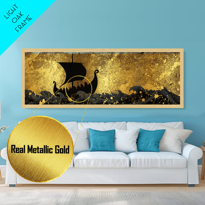 Viking Funerary Ship Metallic Gold Art Norse Mythology Metal Art, Office Wall Decor framed in real wood, Dad Gift Man Cave