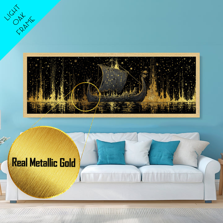Nordic Viking Warriors Metallic Gold Art Metal Art, Mythology Office Wall Hanging in natural wood frame, Gift for Him Decor