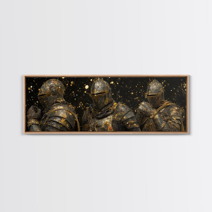 Viking Ship Canvas Gold Art Norse Mythology Canvas Art, Office Wall Decor framed in natural wood, Man Cave Gift for Him